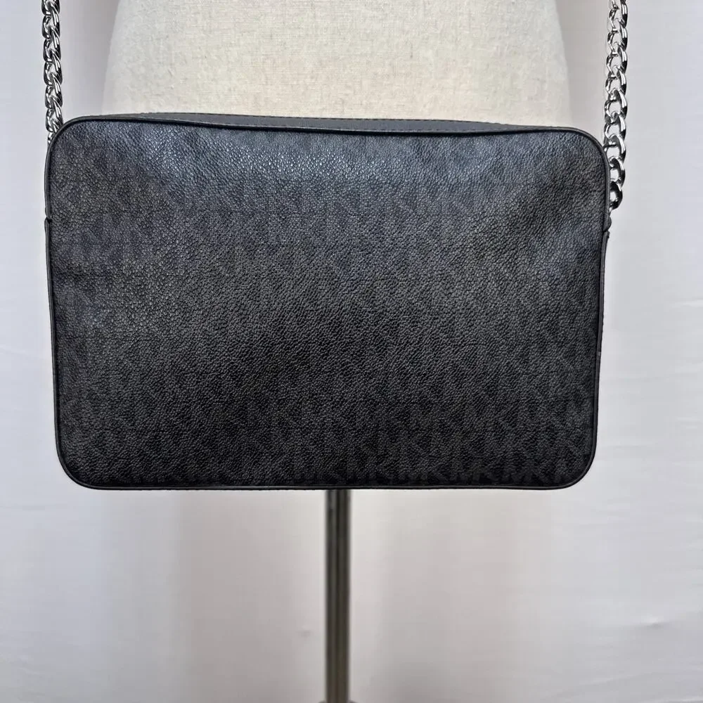 Michael Kors Black Jet Set Large Logo Crossbody Bag Purse Silver Classic Minimal
